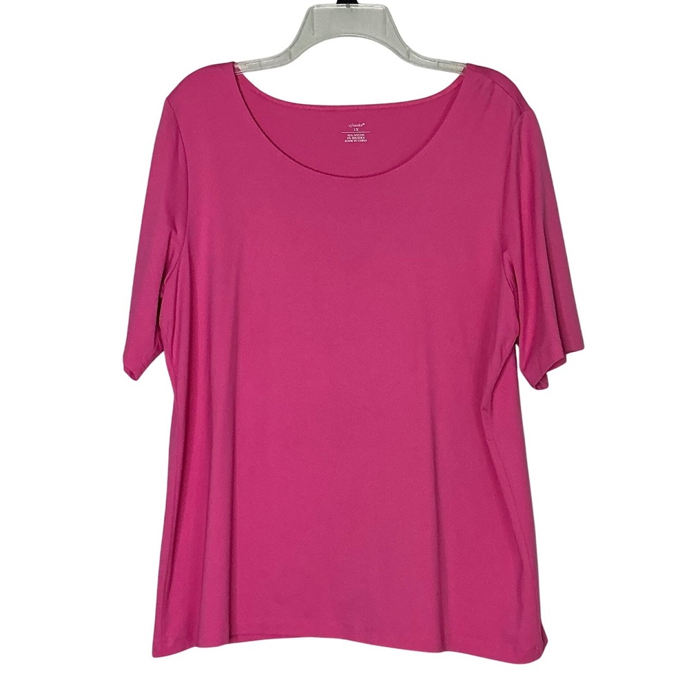 CJ Banks Plus Size 1X Pink Scoop Neck Short Sleeve Nylon Spandex Top‎ Shirt